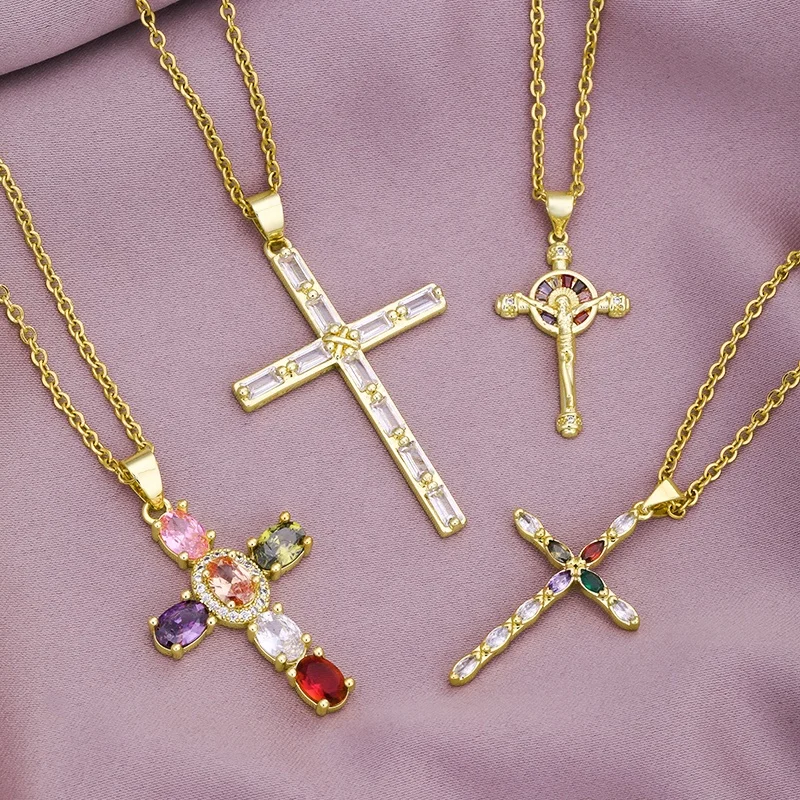

2022 Scapular Christian Catholic Religious Non Tarnish Stainless Steel Link Chain Elegant Zircon Jesus Cross Necklace For Women
