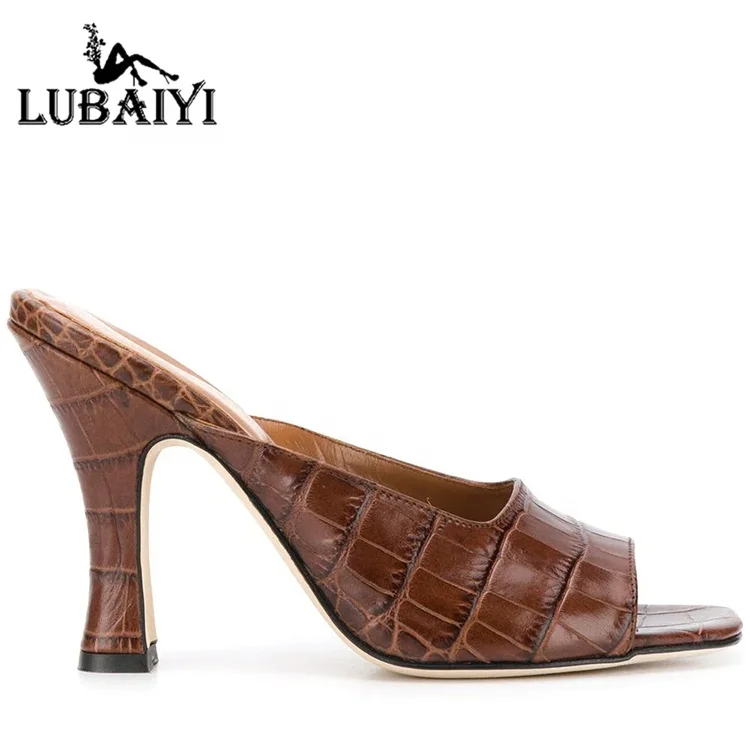 

Slippers Girls Shoes PU Crocodile Emboss High Heel Women's Sandals Square Toe Mules For Ladies, Customized color