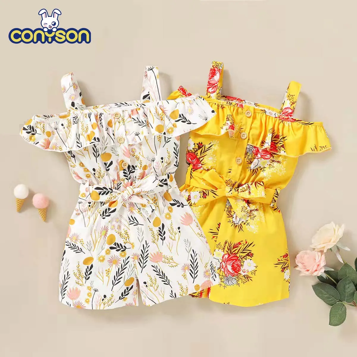 

Conyson Wholesale Printed Floral Girls Short Sets Off Shoulder Jumpsuit Shorts Children Clothes Sets For 1-4Y Kids Girl Summer