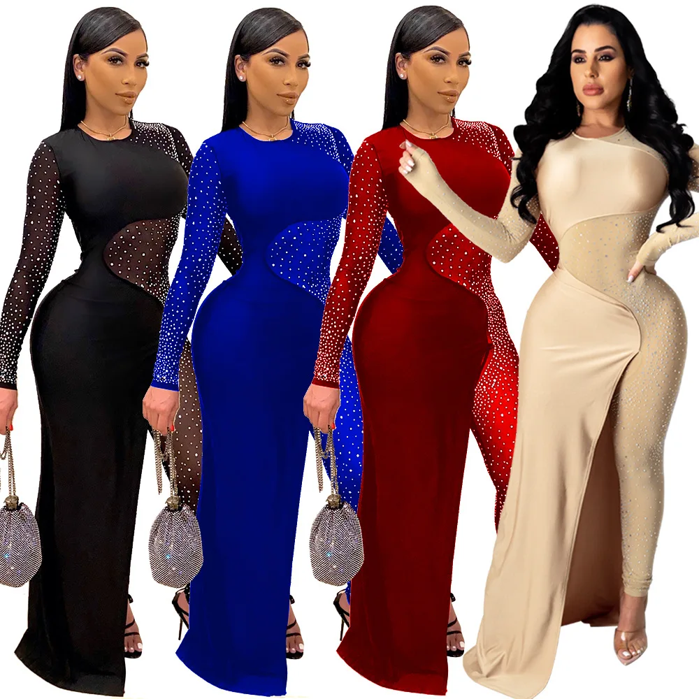 

Wholesale Diamonds Mesh Stitching Bodycon Rompers Womens Jumpsuit Sexy Jumpsuit Women Clothing