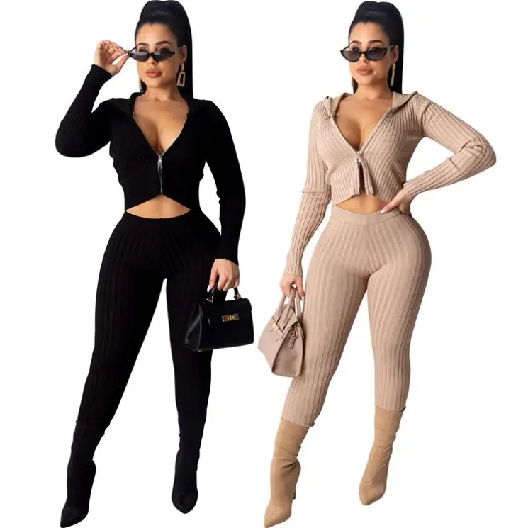 1119M243 best seller solid color rib knit fabric zip hooded Outfits 2020 Two Piece Pant Set Women
