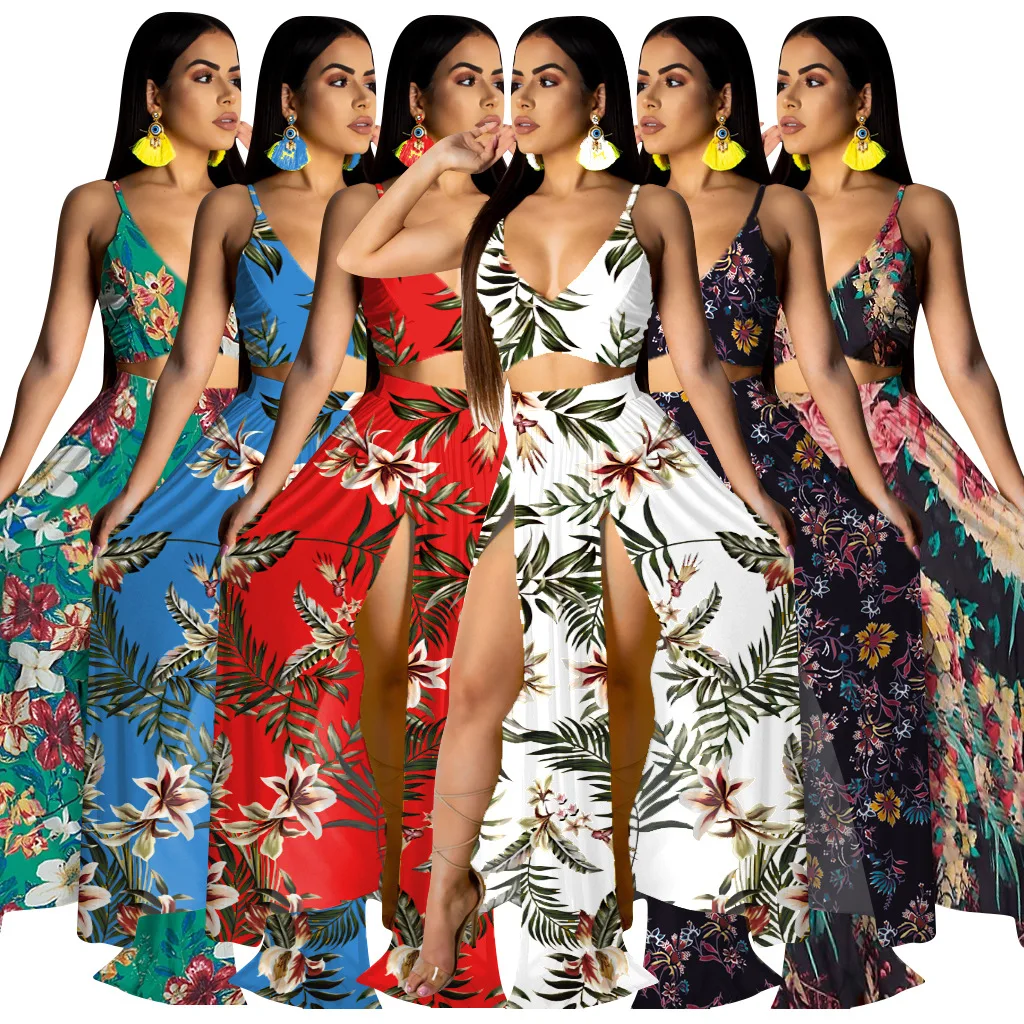 

10330-MX66 Floral Print Split V-neck Low Collare Women Camisole 2 Piece Dress