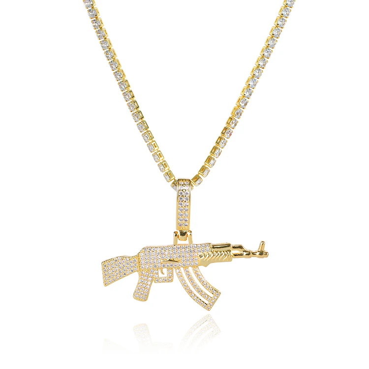 

Men Pendant Necklace Brass AAA+ Cubic Zirconia Gun Shaped AK47 Jewelry Gift Hip-hop