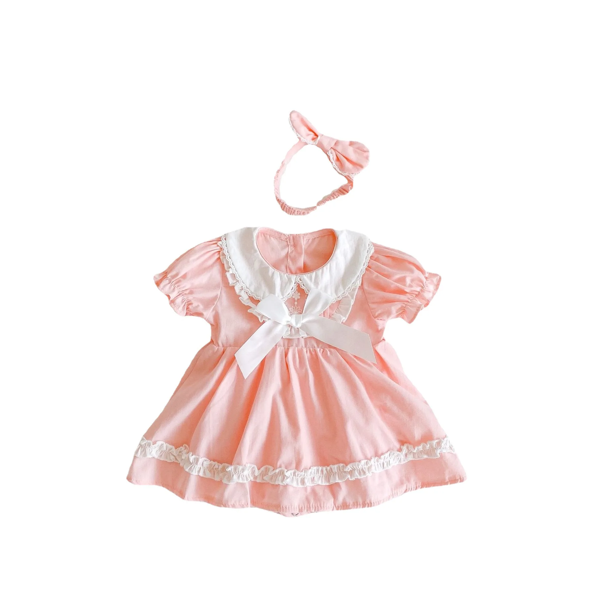 

Hot Sale Linen Pink Dresses Baby Girls Casual Clothes Summer Peter Pan Collar Linen Dresses, Customs colors