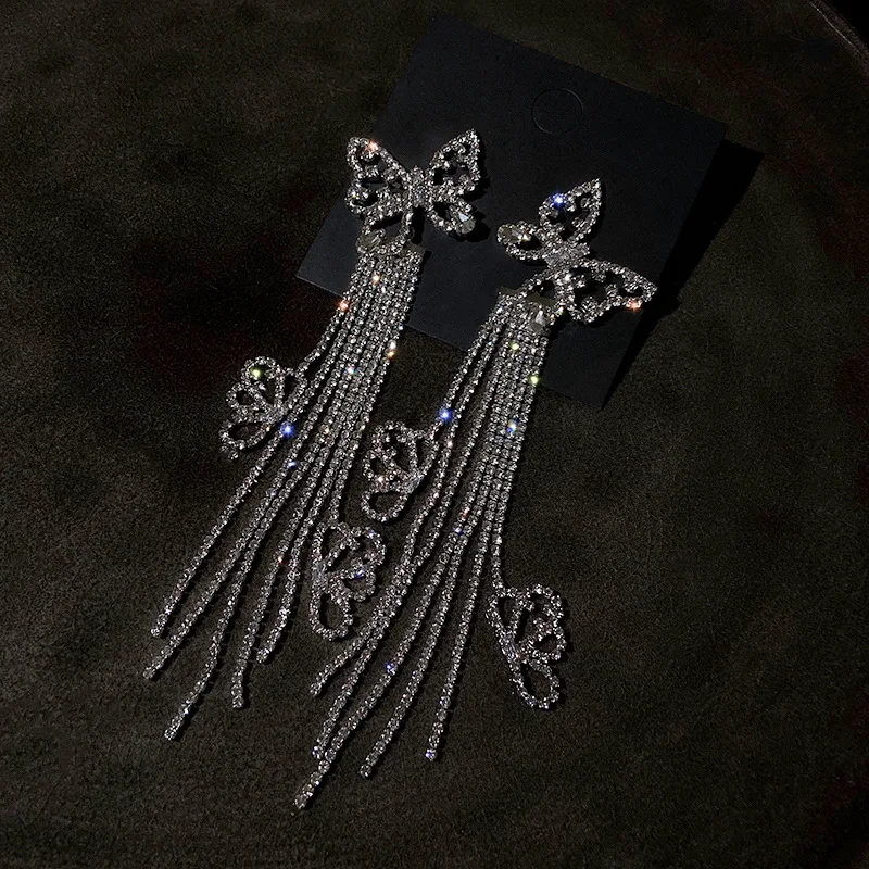 

fashion butterfly dangling long crystal chandelier drop earrings