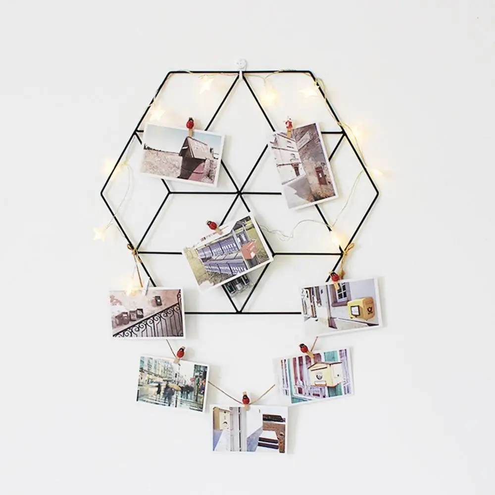 

Nordic Ins Style Hexagonal Wrought Iron Grid Red Photo Wall Shelf Decoration Simple DIY Innovative Rack Girls Room Decor