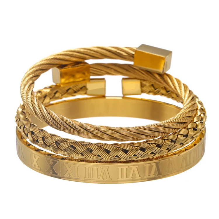 

Luxury Royal Men's Hand Jewelry 3Pcs/Set Real 18K Gold Plated Stainless Steel Roman Number Cuff Bangle Set