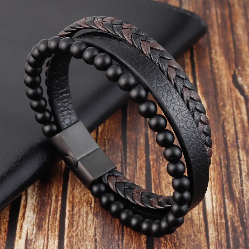 

Natural Stone volcanic Jewelry Stainless Steel Leather Braided Men Bracelet Luxury, Black