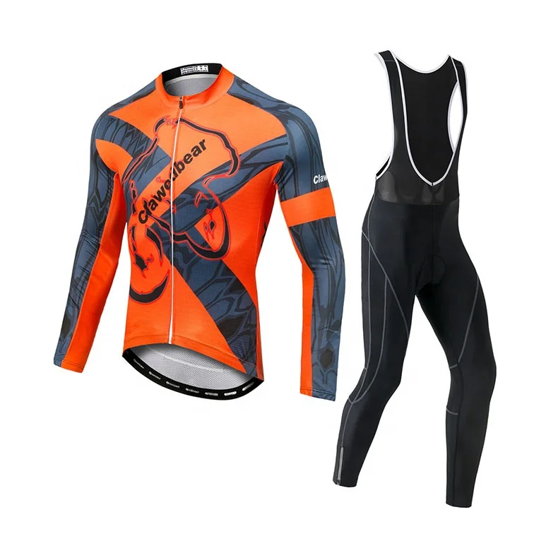 

Wholesale high elasticity bike wear men polyester sweatshirt bib set spring soft orange cycling jersey