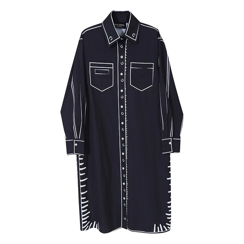 

2021 Autumn Winter Korean Cloth New Casual Loose Dress High Street Printing Graffiti Button Blouse Dress, Picture showns