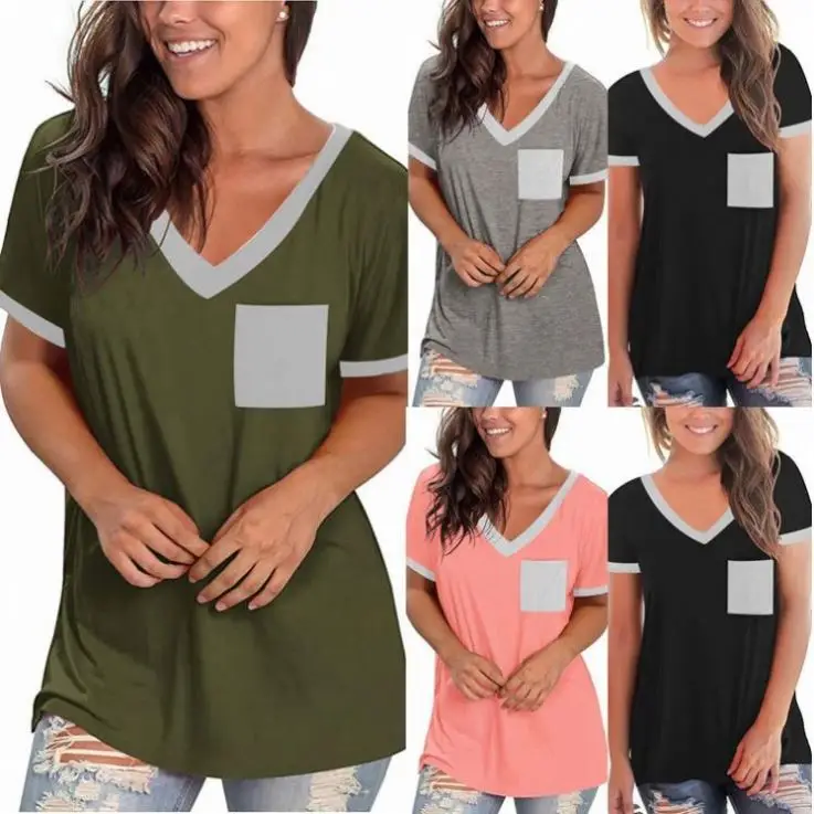 

Lowest Price Woman Clothes 2021 Trending V-Neck Pocket Ladies Tops Blouses Patchwork T-Shirt Short Sleeves Woman'S Tops