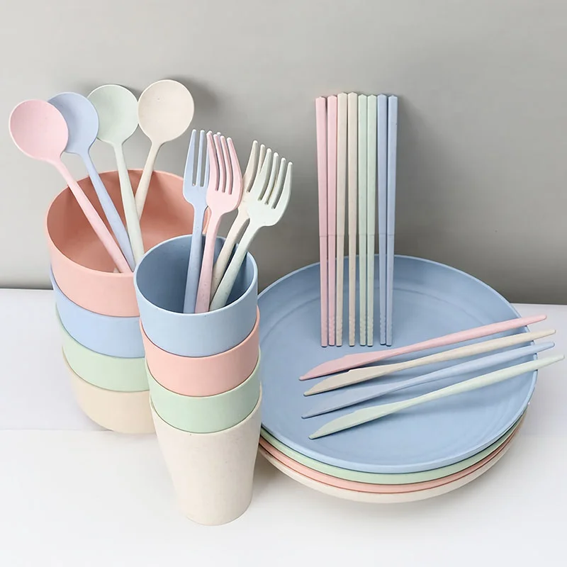 

BPA free 28pcs plastic cutlery spoon fork kits bowl cups plates wheat straw household tableware dinner dinnerware sets dish