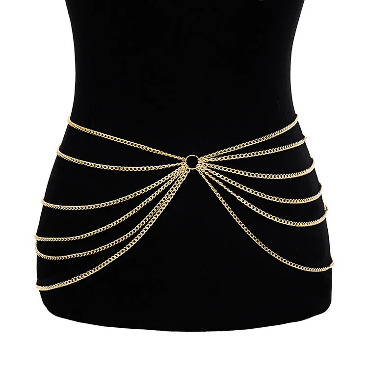 

Woying Exaggerated Multi-layer Chain Tassel Waist Chain Sexy Geometric U-shaped Body Chain, As picture