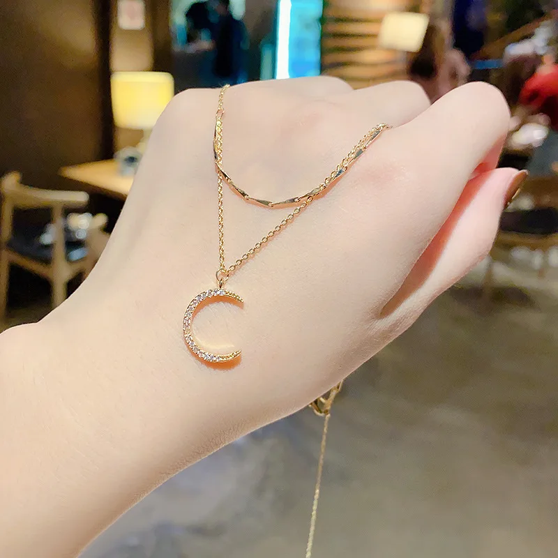 

Fashion Double Layers Gold Plated Crystal Rhinestone Moon Clavicle Necklace Titanium Steel Rhinestone Moon Pendant Necklace