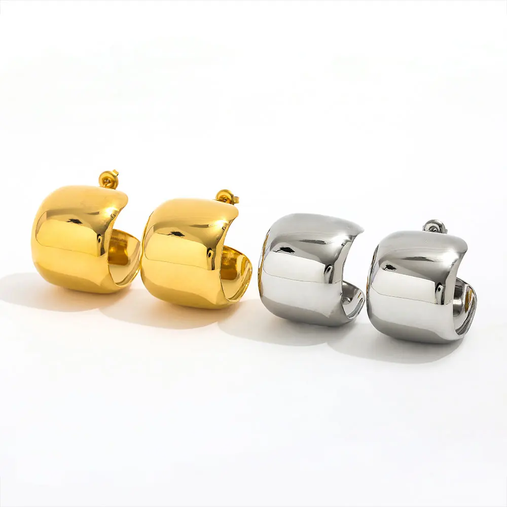 JOOLIM High-End 18K Gold Plated Stainless Steel Band C Smooth Chunky Hoop Earring Style for Women