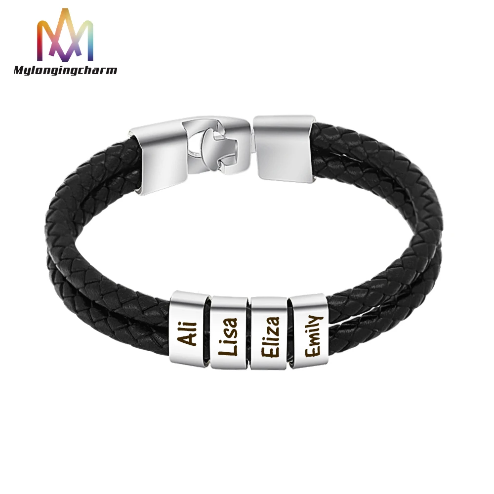 

Personalized Stainless Steel Engraved Name Bead Braided Multi Layer Leather Bracelet