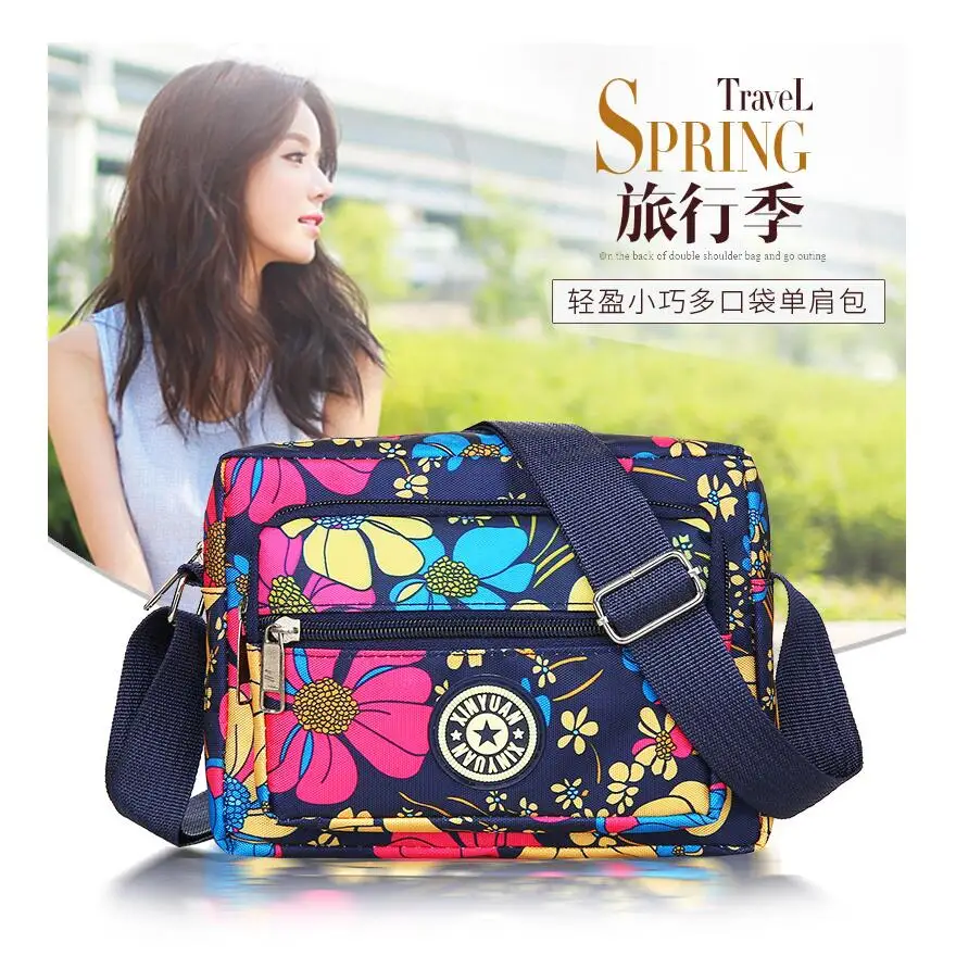 

2022 fashion travel shoulder bag light and compact multi-pocket flowers print ladies messenger bag, 18 colors available