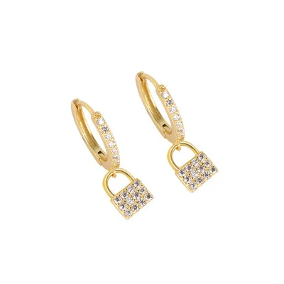 

Light Luxury Gold Plated 925 Sterling Silver Earrings Bling CZ Lock Pendant Hoop Earring Jewelry