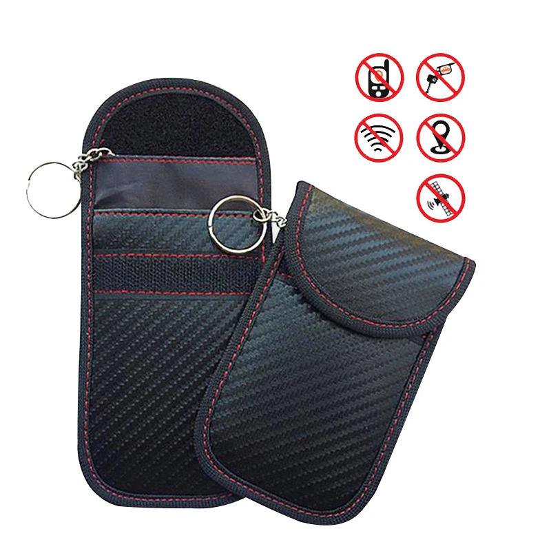 

Factory Wholesale Carbon Fiber Leather RFID Car Key Signals Blocker Case with key hook keyless car theft Pouch