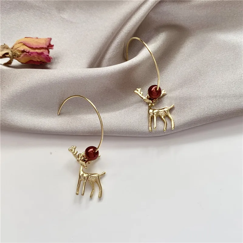 

JUHU New Christmas cute elk earrings personality design red pearl earrings fashion holiday jewelry for women gift, Colorful