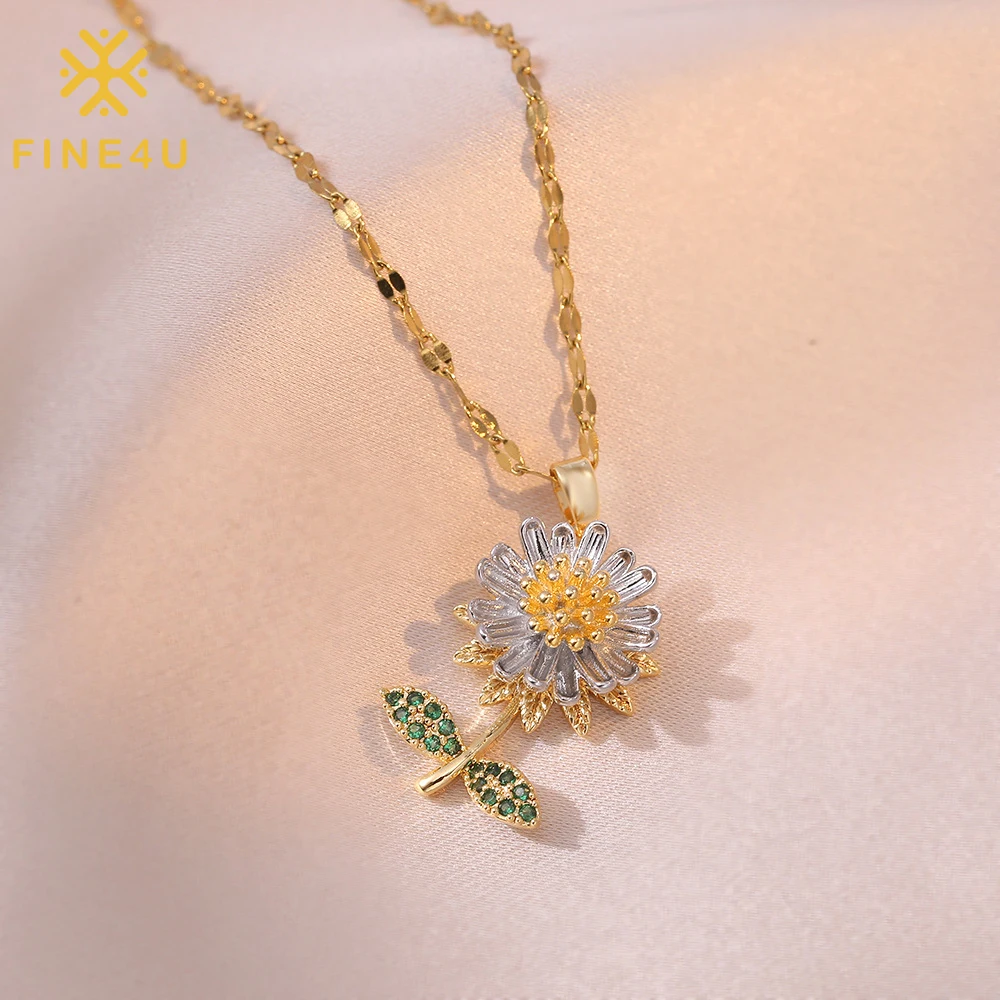 

New Summer Women Trendy Fashion Jewelry Gold Plated Spinner Sunflower Pendant Rotating Necklace