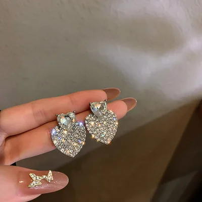 

Best Selling 925 Silver Needle Shiny CZ Love Heart Earrings Crystal Geometric Heart Drop Earrings For Women