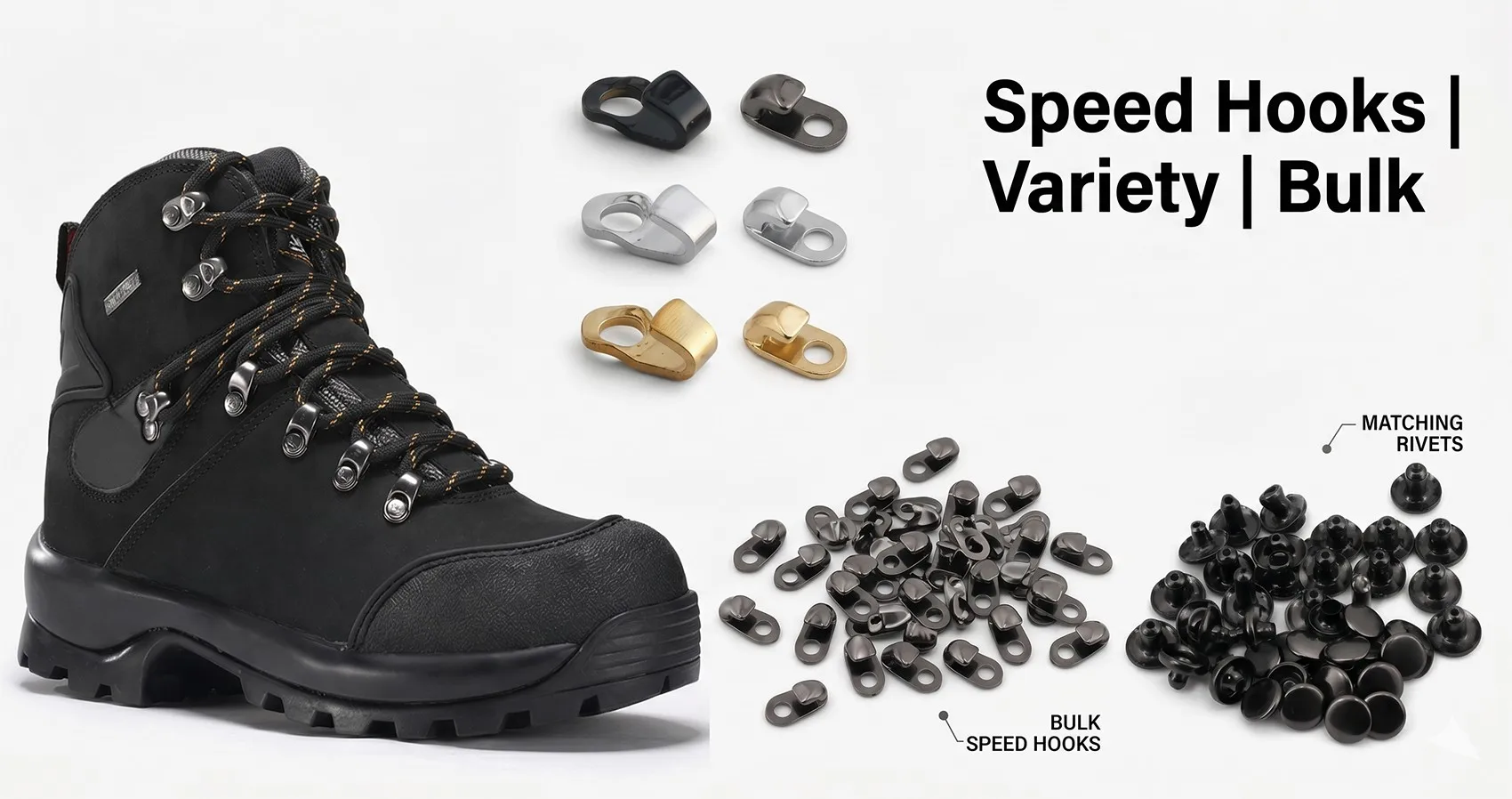 Kingming Hardware Speed Hooks — Gunmetal, Silver, Gold, Antique Brass, Black Finishes Crochets rapides Kingming Hardware — disponibles en plusieurs finitions, dont canon de fusil, noir, argent, nickel brossé, or et laiton antique, avec crochets rapides en vrac et rivets assortis pour chaussures