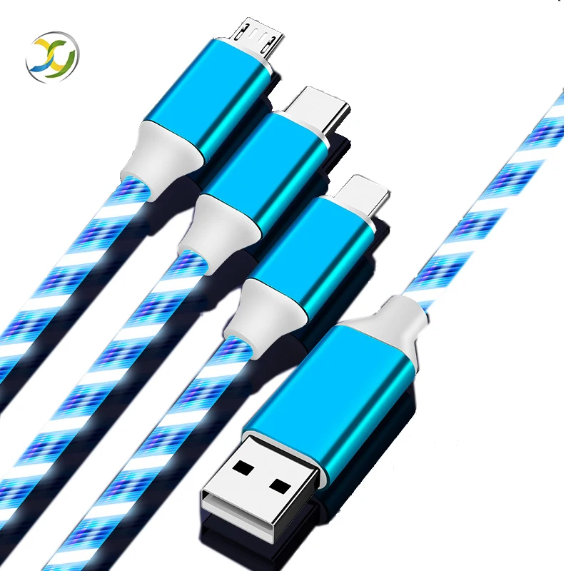 

3in1 Charging Cable LED Flowing OEM Cheap Micro Usb Type C TPE Usb Charger Cable, White/blue/red/green or oem