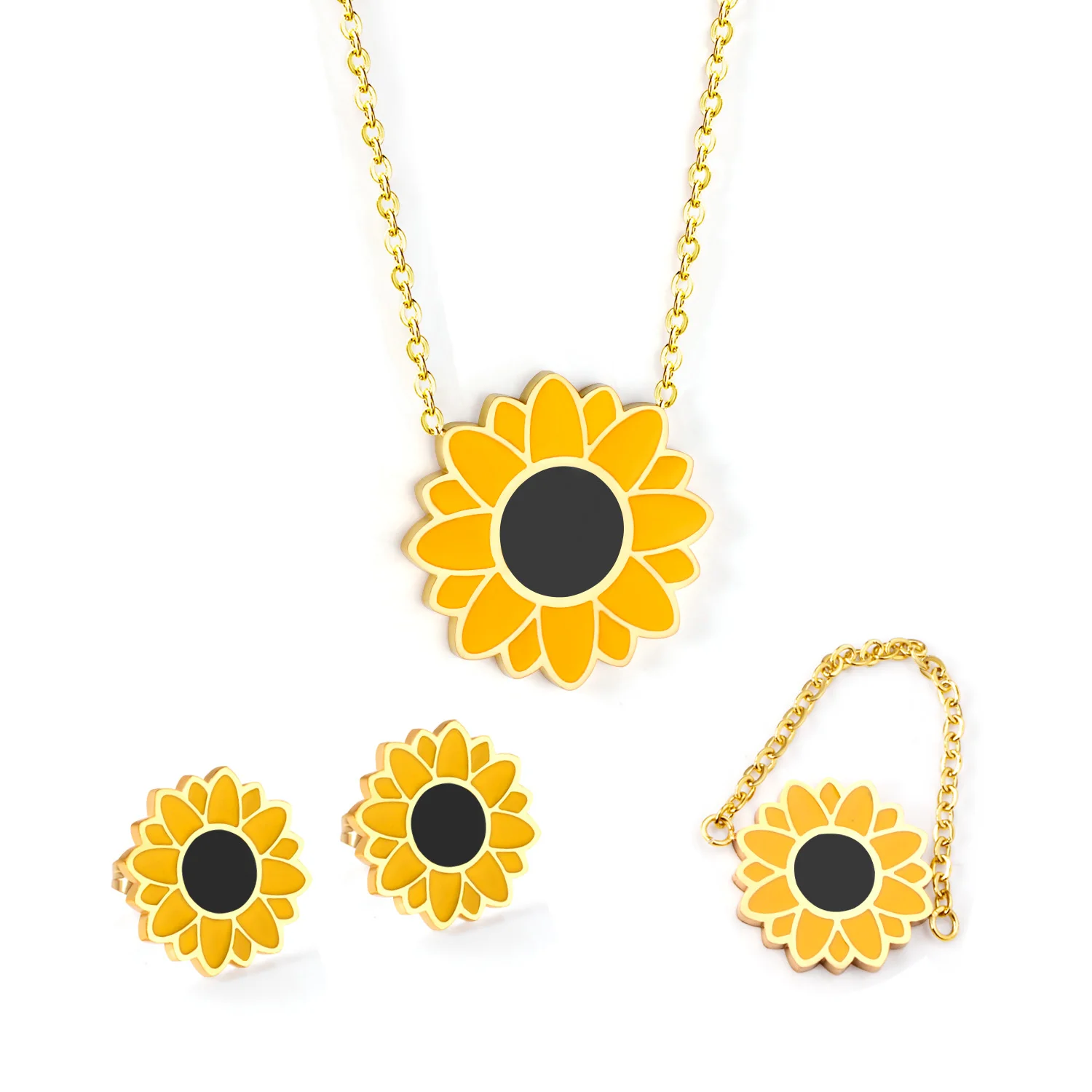 

Hot Sale Ladies Jewelry Sunflower Shape Stainless Steel Pendant Necklace and Earrings Set for Gift