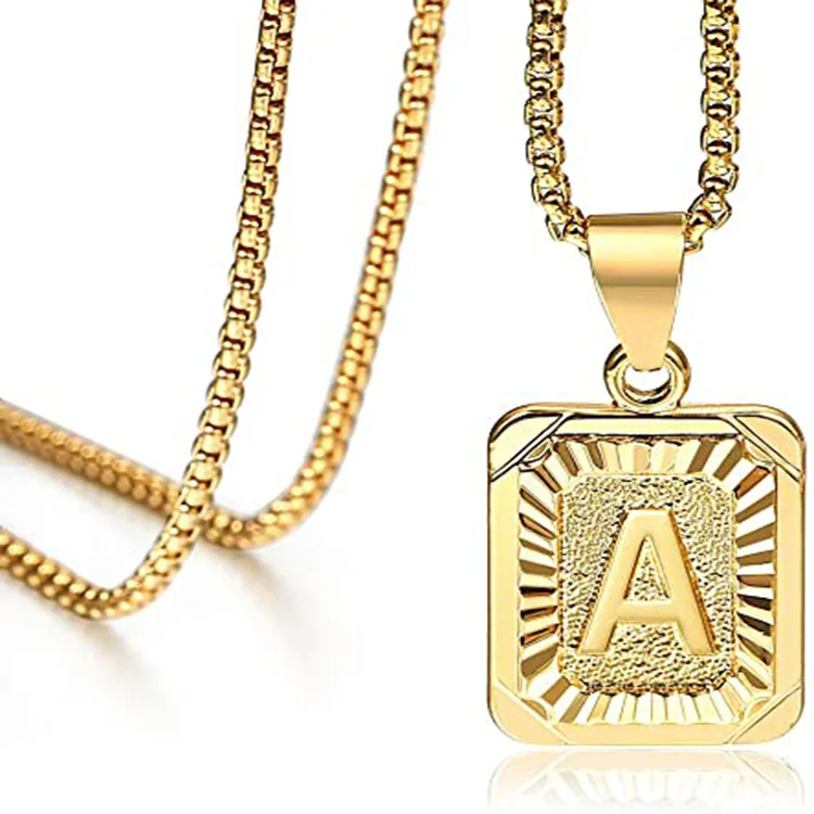 

Gold Square Alphabet Charm A-Z 26 Stainless Steel Initials Tag Letter Pendant Necklace For Women Men, Gold, silver