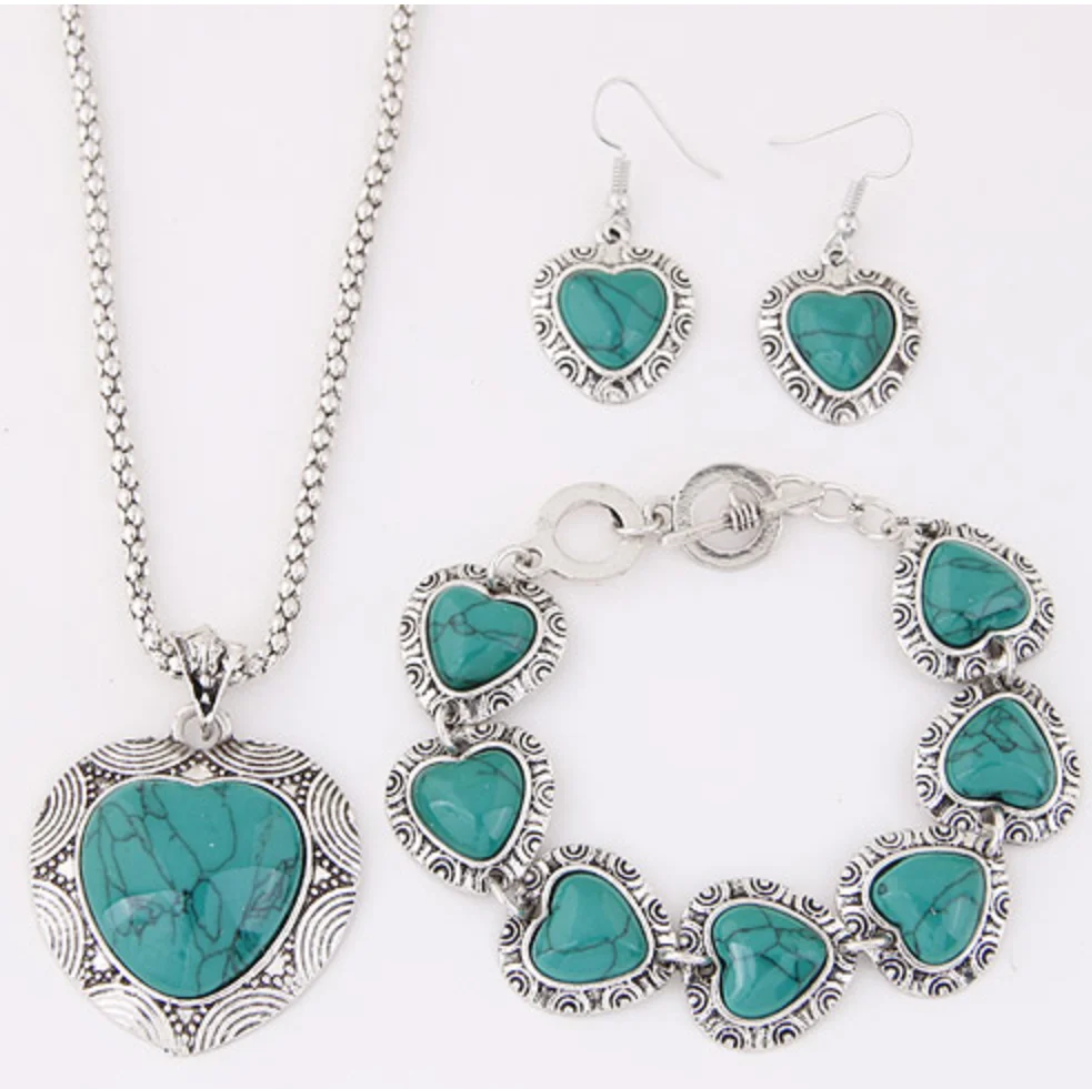 

Vintage heart shape jewelry set Turquoise stone necklace earrings and bracelet set Alloy turquoise jewelry set JY1236622