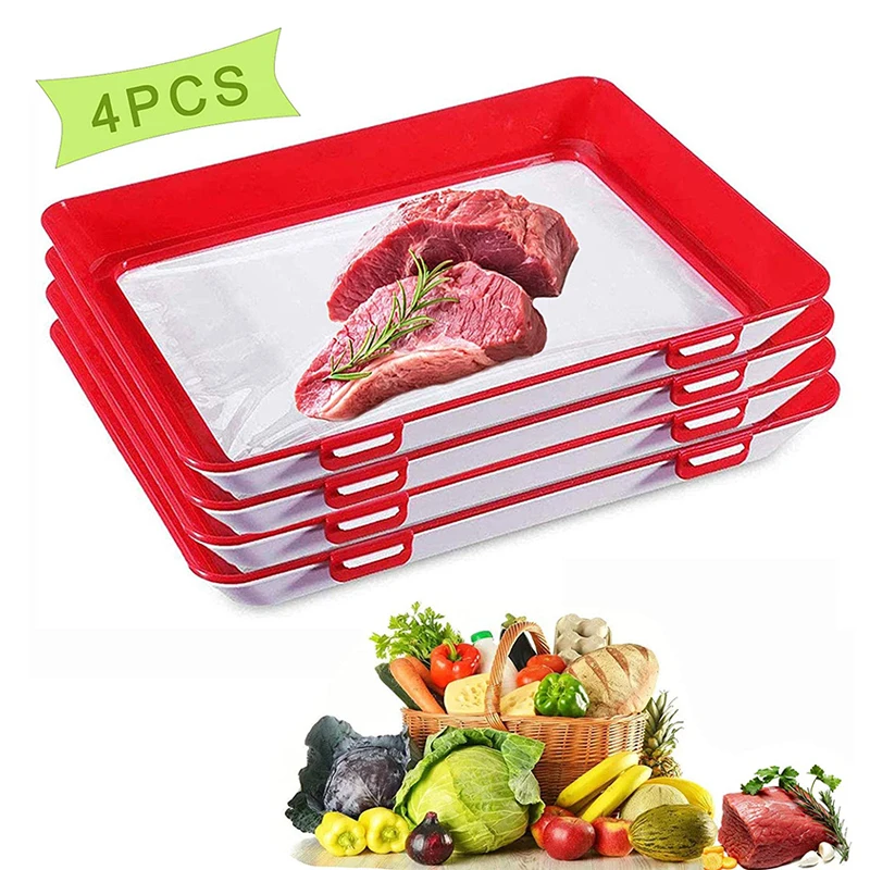 

BPA FREE Reusable Rectangle, Stackable Kitchen Plastic Vegetable Creative Food Preservation Saver Tray With Elastic Lid/