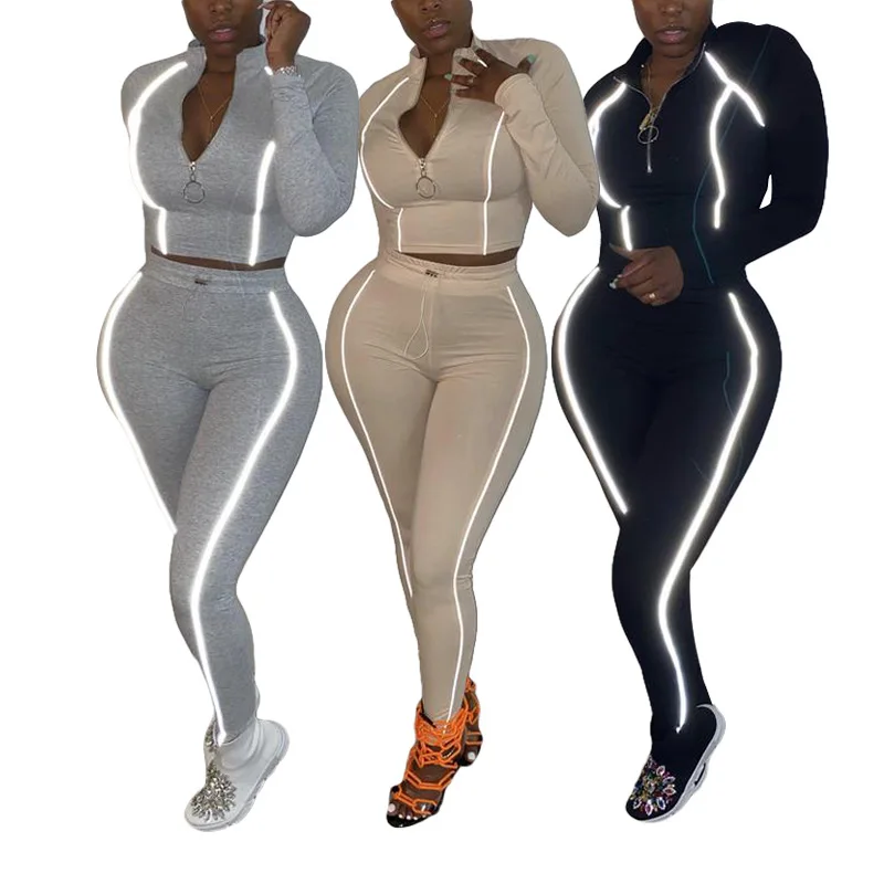 

Women's leisure sports suit winter solid color reflective strip splicing fashion two piece set