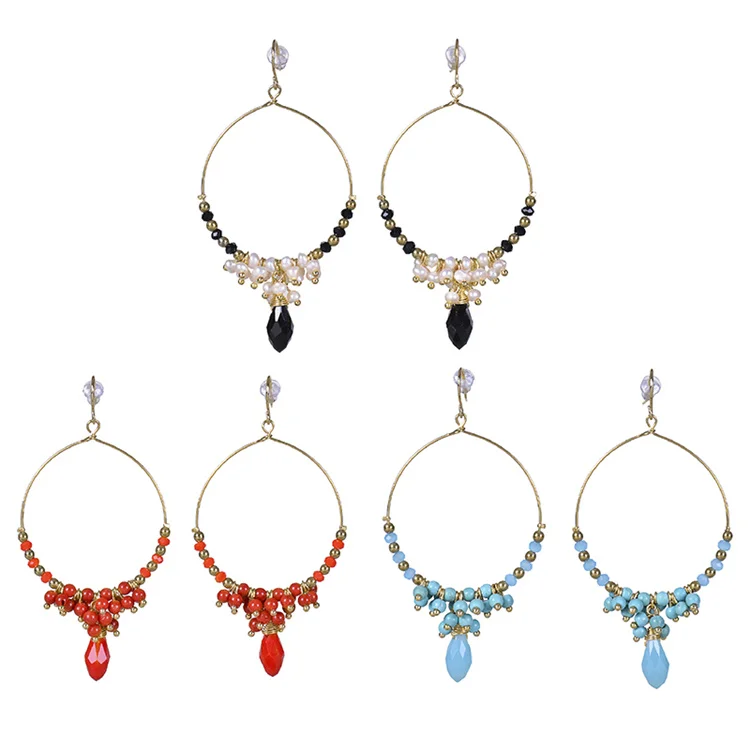 

Bohemia metal Ear Rings woman Big Hollow Round Circle Natural Freshwater Pearl Blue Turquoise Red Coral Stone Pendant Earrings, 3 colors