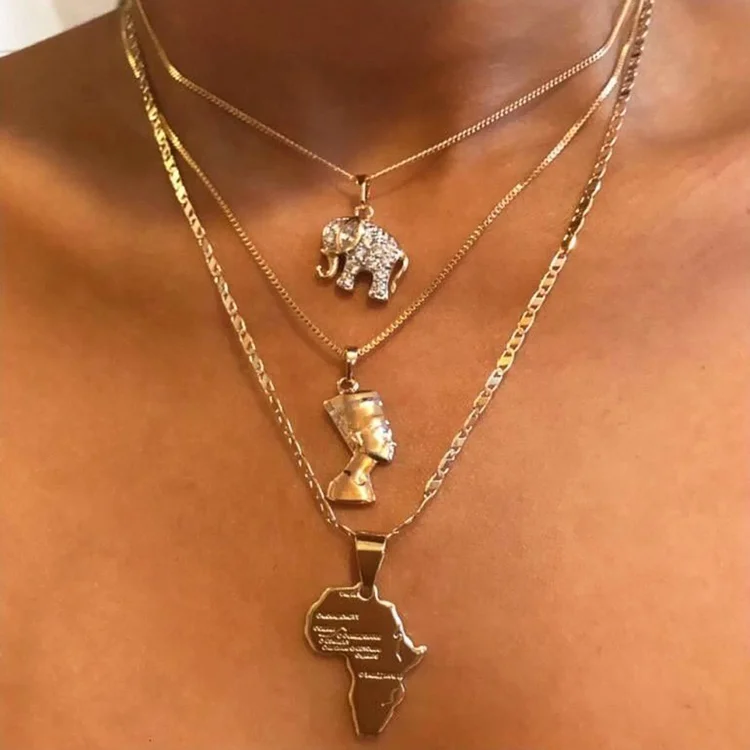 

Hot Selling 3 Pcs/Set Vintage Crystal Multilayer Gold Egyptian Pharaoh African Map Elephant Necklace Set For Women Men, Picture shown
