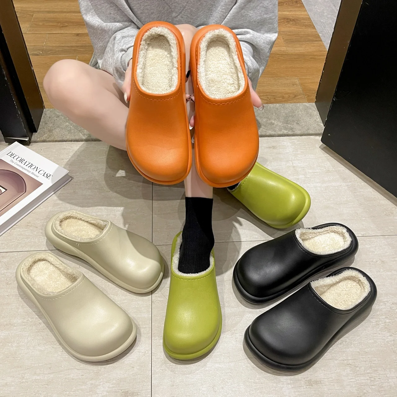 

Men Comfortable Warm Slides Cotton Fur Fluffy Waterproof Slippers Casual Shoes Women Slippers Platform Non-slip Furry Slides, Black beige orange green