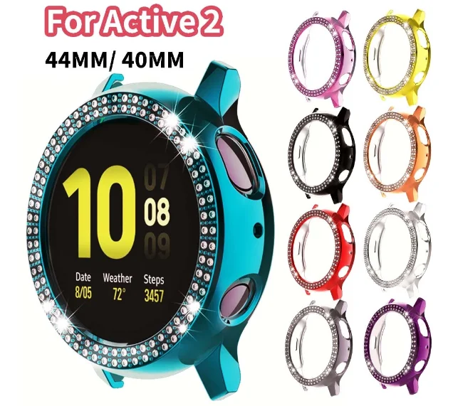 

Protector Case For Samsung Galaxy Watch Active2 44/40mm Cover For Active 2 44mm Band Women Double Row Diamond Cases Bumper Shell, Black,white,blue,red,pink