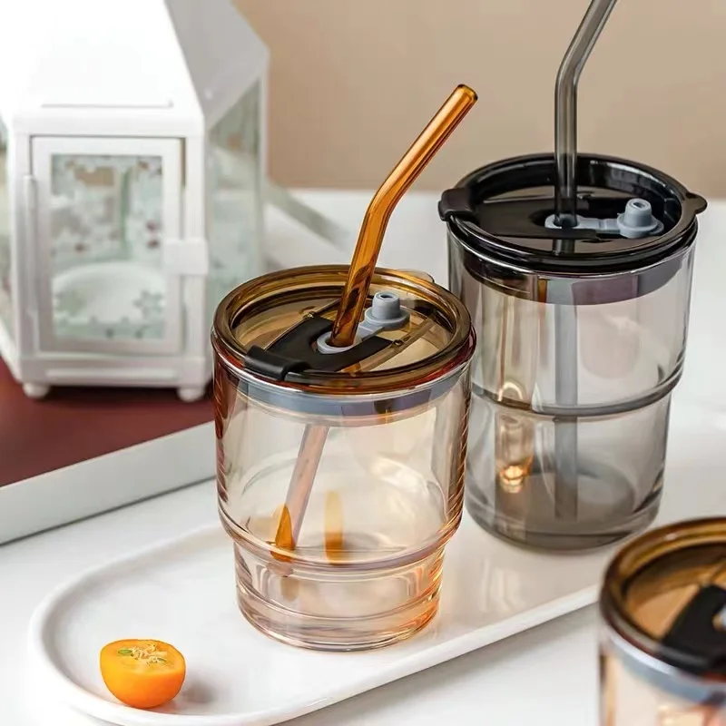 

Blank Leak Proof Water Insulated Glass Coffee Travel Mug With Straw, Brown/grey