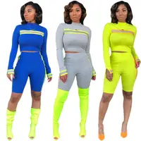 

Reflective Striped Women Two Piece Set Outfits Long Sleeve Crop Top Biker Shorts Set