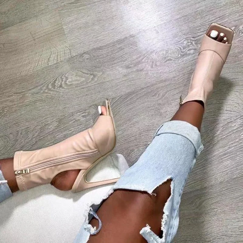 

Breathable Hollow Out Open Square Toe Women Booties Thin High Heel Ladies High Heel Shoes Ankle Boots Side Zip Plus Size 43, Pink,apricot