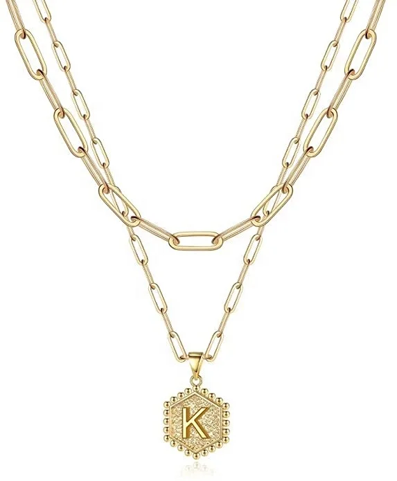 

14K Gold Plated Paperclip Chain Necklace Hexagon Letter Pendant Initial Choker Necklace Gold Layered Necklaces for Women, Gold color
