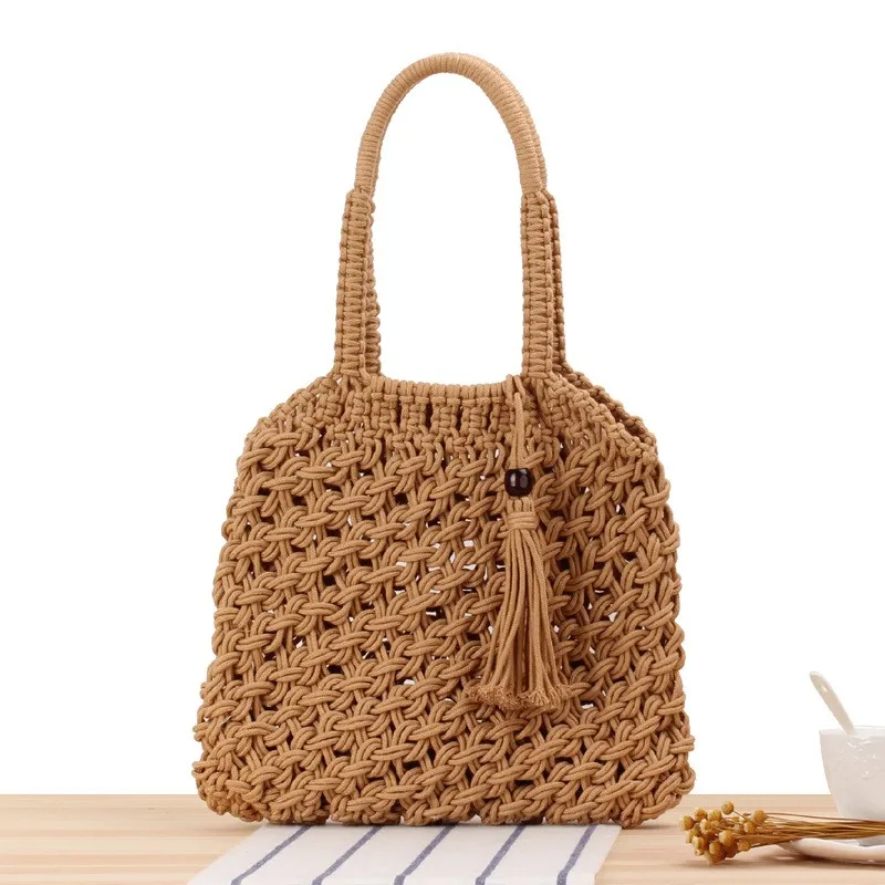 

New design holographic handmade macrame straw beach bag Fashion cotton rope summer bags women handbags ladies Straw tote bag, White, tan