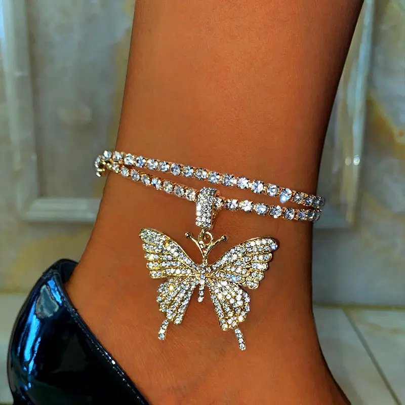 

2Pcs/set Charm Beach Party Foot Jewelry For Women Adjustable Bling Rhinestone Tennis Chain Anklet Crystal Big Butterfly Anklet, 4 color