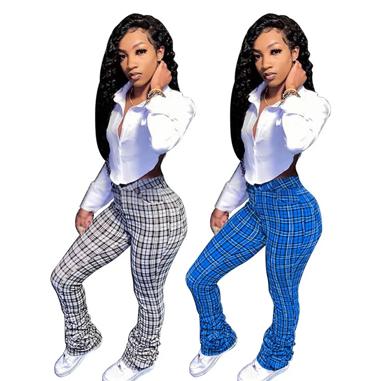 

High Waist Ruched Plaid Stacked Pants Women Elastic Plus Size Skinny Bell Bottom Trousers Leggings Flare Pant, As picture