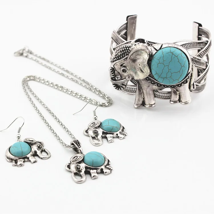 

Vintage turquoise Elephant jewelry set Turquoise necklace earrings bracelet set 3pcs jewelry set SD014, As photo