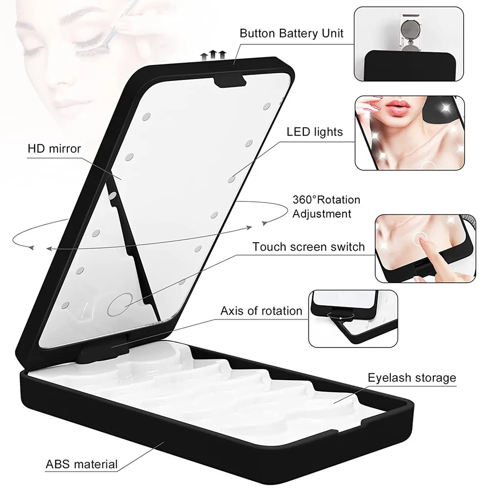 

Touch Screen 360 Degree Rotation Led Lights Eyelash Storage Box Square Makeup Mirror Lash Case for false lashes