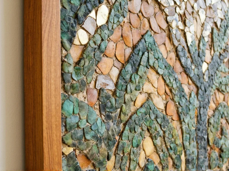 Close-up of leaf mosaic artwork in wooden frame