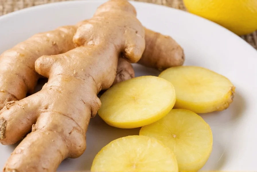 Close-up of fresh ginger root pieces on wooden cutting board with peeler and grater