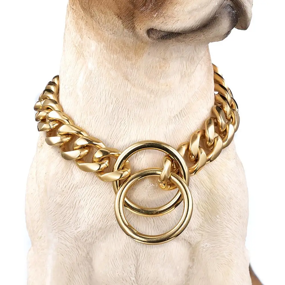 

26" 19MM Durable Gold Plated Stainless Steel Strong P Dog Chain Medium Dog Rolo Link Chain Pet Training Walking Collar