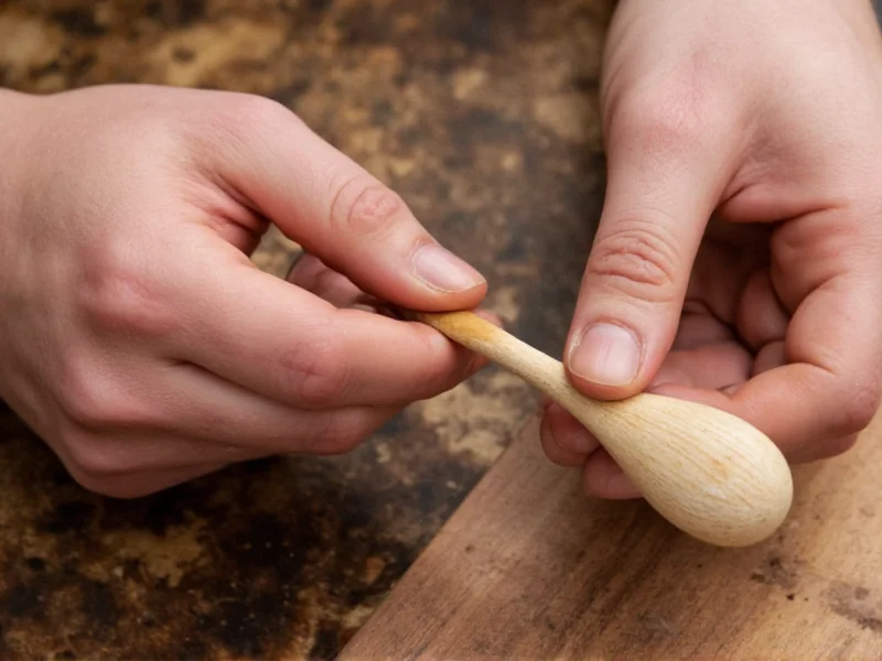 Hands crafting a wooden spoon from green wood